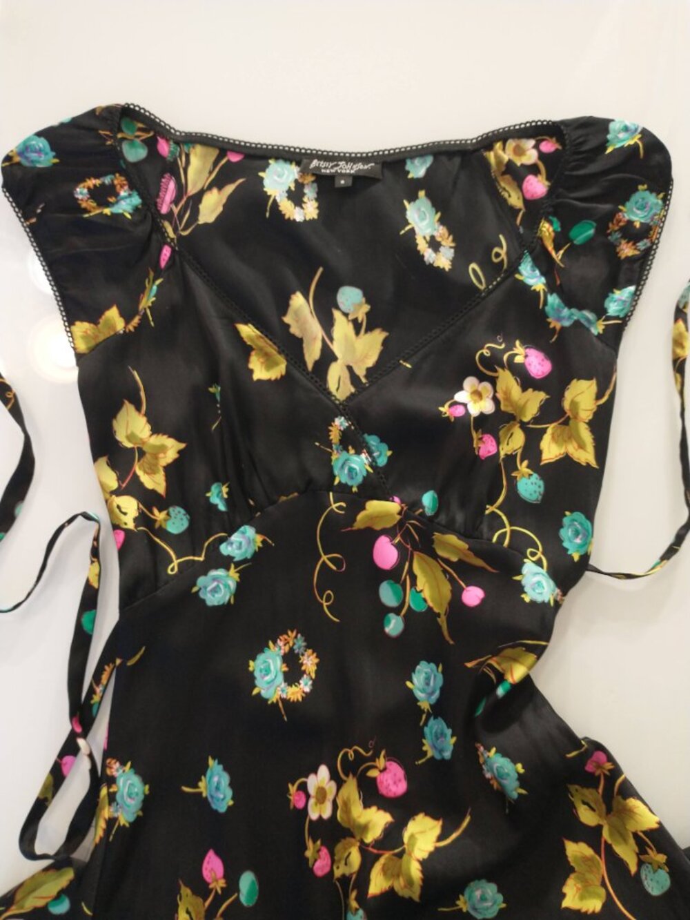 VTG 90s Betsey Johnson Black Silk Cherry Strawberry Floral Fruit Slip Midi Dress - Picture 8 of 16